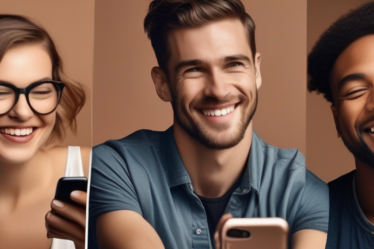 Eine Gruppe von Menschen mit Behinderungen lächelt und benutzt Dating-Apps. Digitale Kunst.