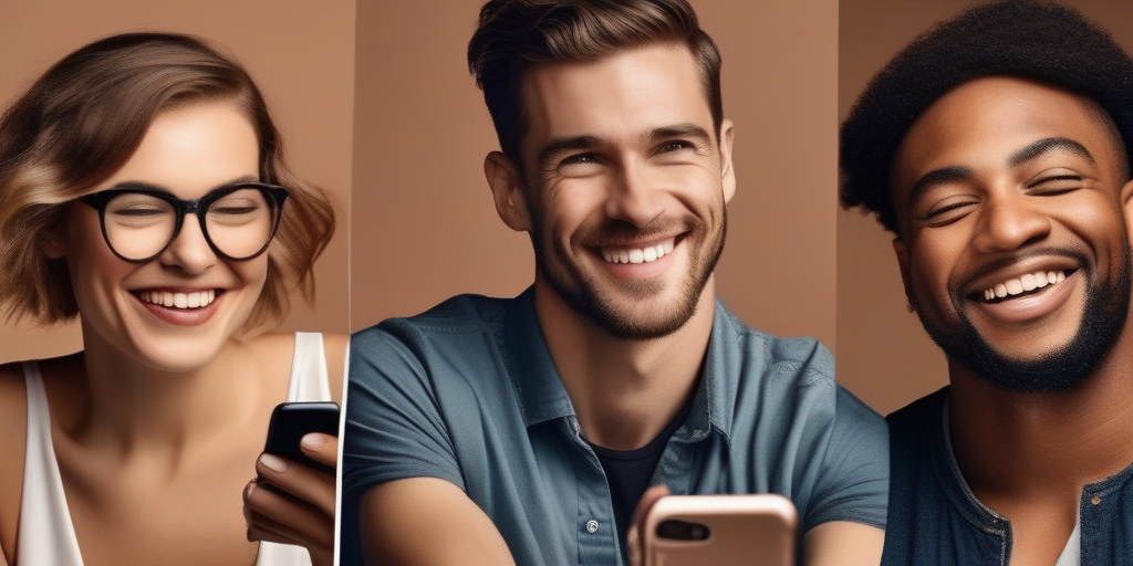 Eine Gruppe von Menschen mit Behinderungen lächelt und benutzt Dating-Apps. Digitale Kunst.