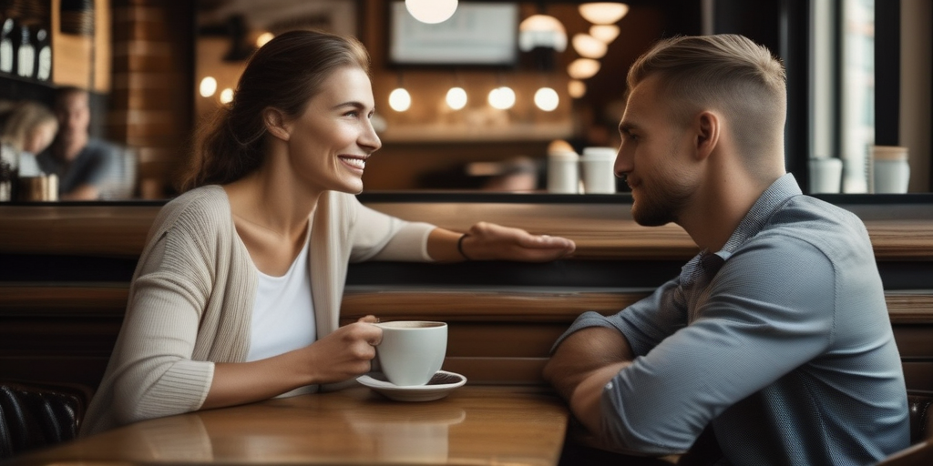 Zwei Personen unterhalten sich entspannt in einem ruhigen Café.