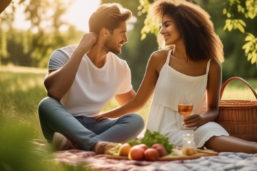 Ein junges Paar genießt ein romantisches Picknick im Park.