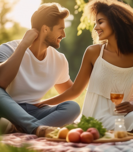 Ein junges Paar genießt ein romantisches Picknick im Park.