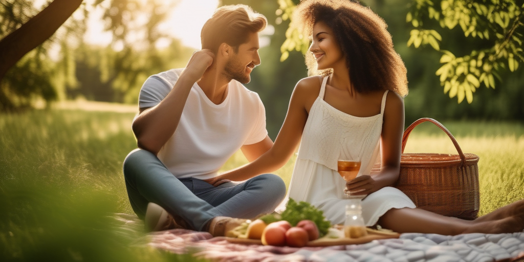 Ein junges Paar genießt ein romantisches Picknick im Park.