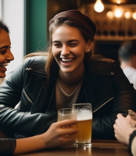 Eine vielfältige Gruppe junger Leute lacht und unterhält sich in einem Café in Berlin, was die Freude und Verbindung des interkulturellen Datings repräsentiert.