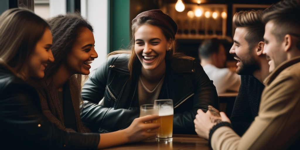 Eine vielfältige Gruppe junger Leute lacht und unterhält sich in einem Café in Berlin, was die Freude und Verbindung des interkulturellen Datings repräsentiert.