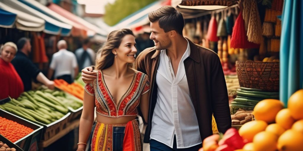 Ein Paar aus verschiedenen kulturellen Hintergründen hält Händchen, während es durch einen lebendigen internationalen Markt geht, der die Schönheit des kulturellen Austauschs und der Romantik zeigt.