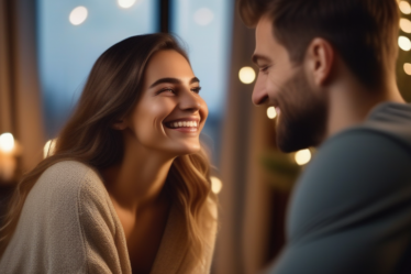 Eine junge Frau lächelt während eines Video-Chats mit einem Mann, gemütliche Heimbesetzung, weiches Licht, Bokeh-Hintergrund, romantische Atmosphäre.