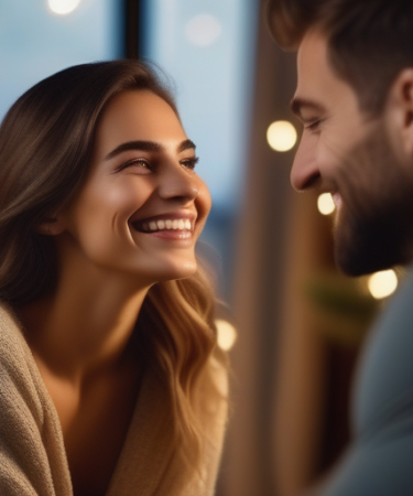 Eine junge Frau lächelt während eines Video-Chats mit einem Mann, gemütliche Heimbesetzung, weiches Licht, Bokeh-Hintergrund, romantische Atmosphäre.