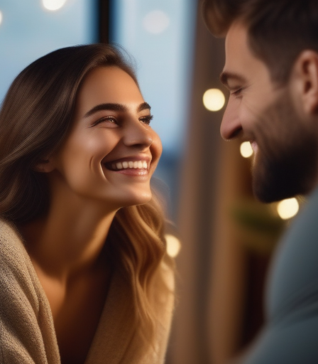 Eine junge Frau lächelt während eines Video-Chats mit einem Mann, gemütliche Heimbesetzung, weiches Licht, Bokeh-Hintergrund, romantische Atmosphäre.