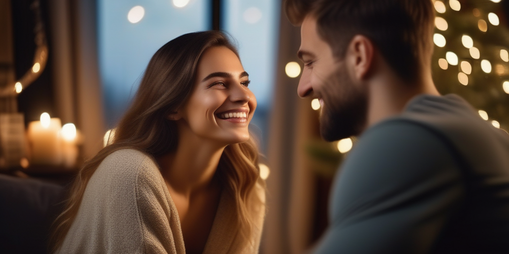 Eine junge Frau lächelt während eines Video-Chats mit einem Mann, gemütliche Heimbesetzung, weiches Licht, Bokeh-Hintergrund, romantische Atmosphäre.