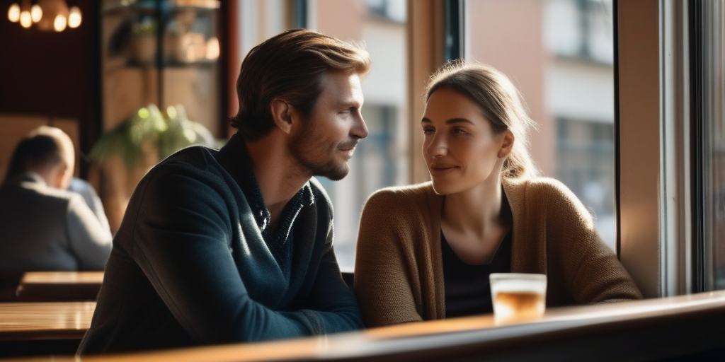 Zwei Personen sitzen sich in einem Café gegenüber und führen ein entspanntes Gespräch, warmes Sonnenlicht fällt durch die Fenster, einladende Atmosphäre.