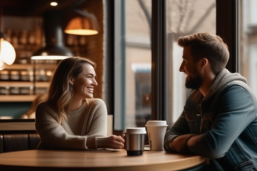 Zwei Personen unterhalten sich in einem gemütlichen Café.