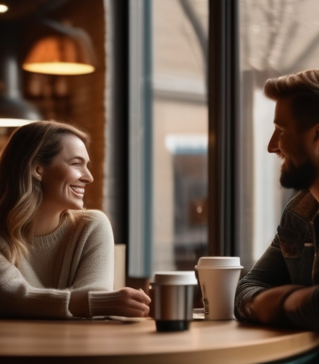 Zwei Personen unterhalten sich in einem gemütlichen Café.