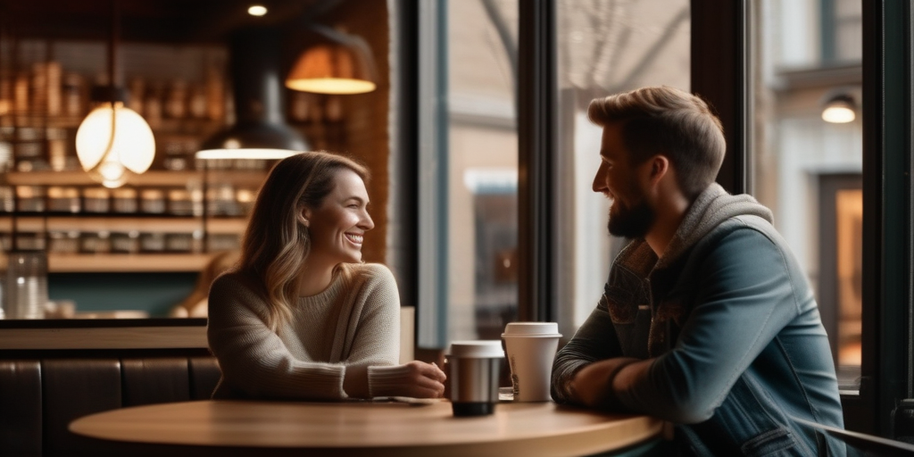 Zwei Personen unterhalten sich in einem gemütlichen Café.