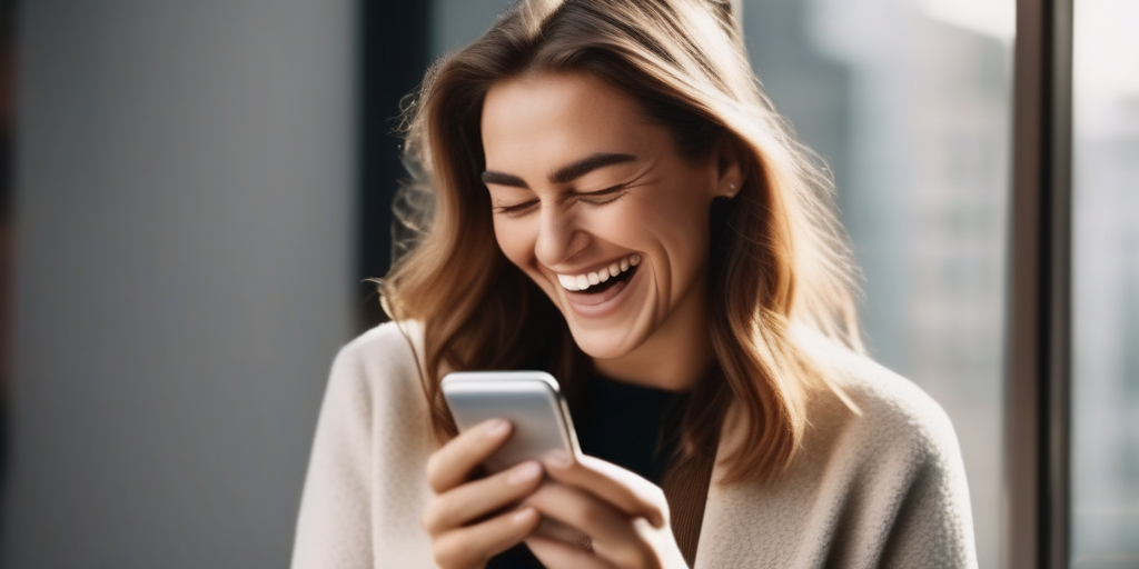 Eine Person lacht beim Benutzen eines Smartphones.