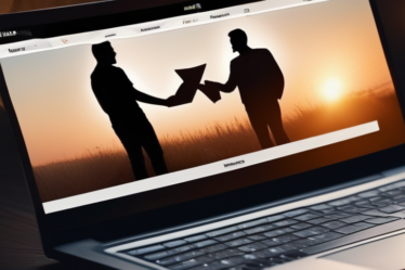 Ein modernes Paar vor einem Laptop-Bildschirm mit einer Dating-App-Oberfläche, die Online-Dating symbolisiert.