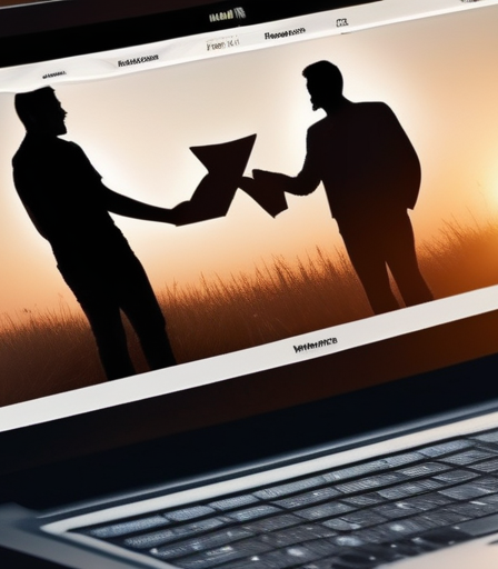 Ein modernes Paar vor einem Laptop-Bildschirm mit einer Dating-App-Oberfläche, die Online-Dating symbolisiert.