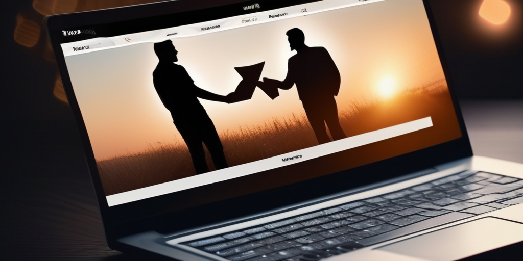 Ein modernes Paar vor einem Laptop-Bildschirm mit einer Dating-App-Oberfläche, die Online-Dating symbolisiert.