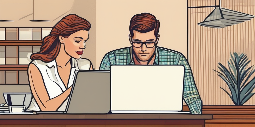 Ein Paar betrachtet Dating-Profile auf einem Laptop – eine kritische Perspektive.
