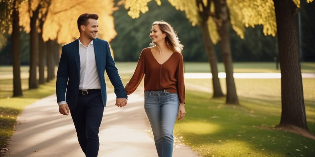 Ein Paar spaziert Hand in Hand durch den Park, ein Symbol für eine glückliche Beziehung.