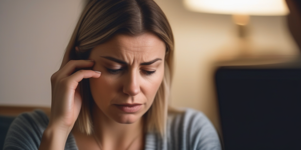 Eine besorgte Frau schaut auf ihr Handy, unscharfer Hintergrund, der die Angst vor dem Online-Dating darstellt.