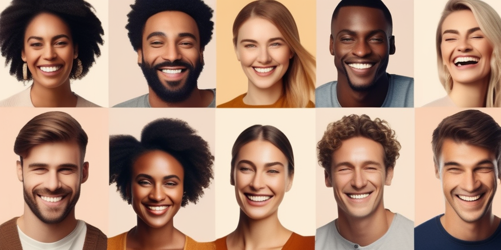 Eine vielfältige Gruppe von Menschen lächelt und lacht, das symbolisiert Verbindung und Freude beim Online-Dating.