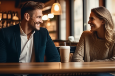 Ein deutsches Paar lächelt sich in einem gemütlichen Café an.
