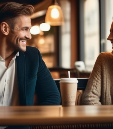 Ein deutsches Paar lächelt sich in einem gemütlichen Café an.