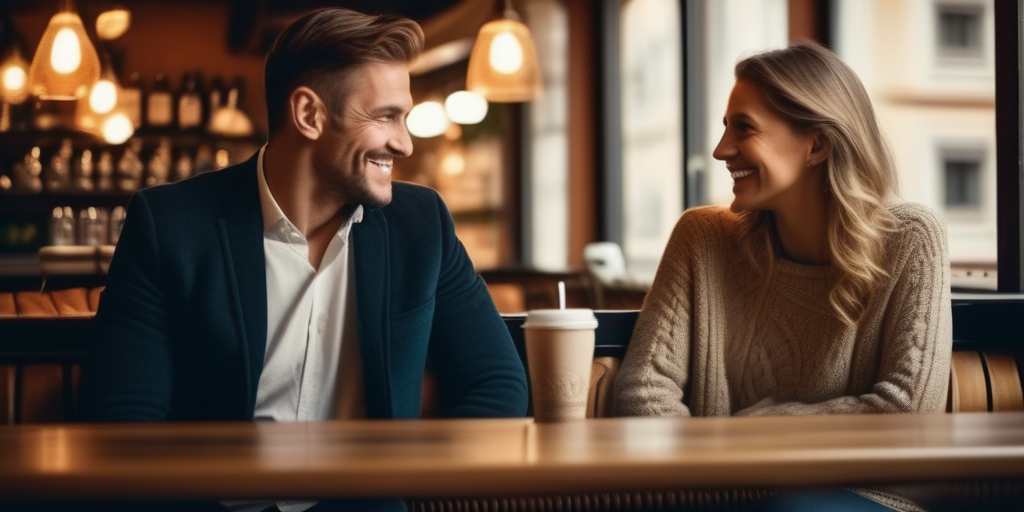 Ein deutsches Paar lächelt sich in einem gemütlichen Café an.