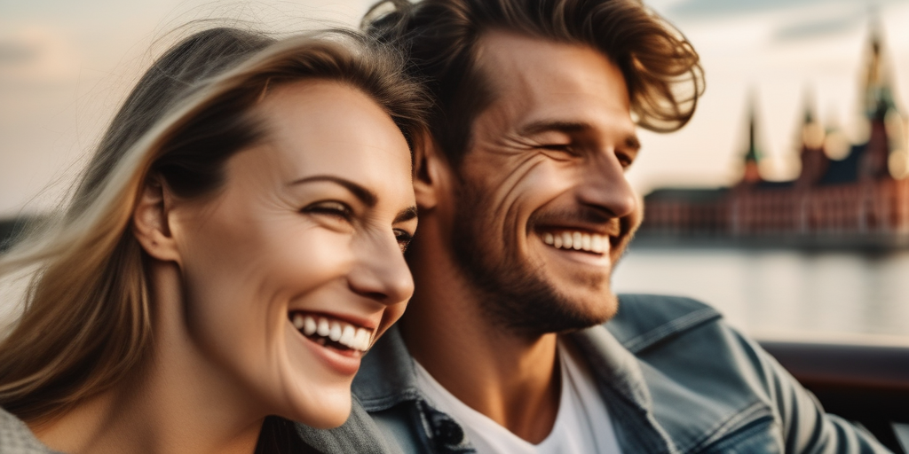Ein Mann und eine Frau lachen gemeinsam bei einem Date, deutsche Flaggen dezent im Hintergrund.