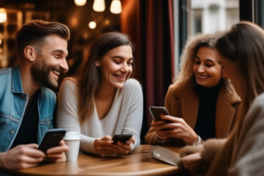 Verschiedene Singles nutzen glücklich Dating-Apps in einem Café in Wien.