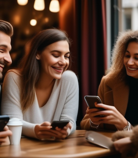 Verschiedene Singles nutzen glücklich Dating-Apps in einem Café in Wien.