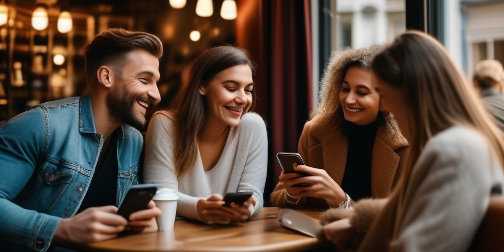Verschiedene Singles nutzen glücklich Dating-Apps in einem Café in Wien.
