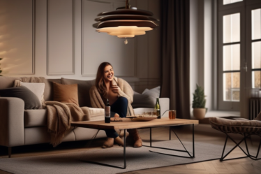 Ein gemütliches Wohnzimmer mit einem Paar, das Wein trinkt und lacht.