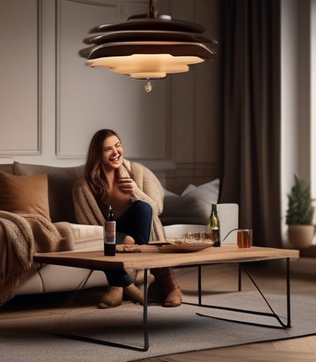 Ein gemütliches Wohnzimmer mit einem Paar, das Wein trinkt und lacht.