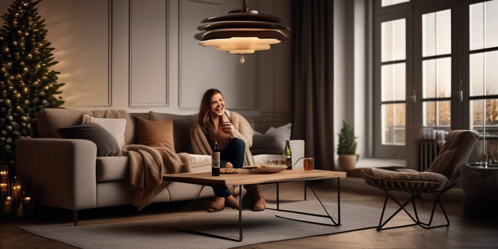 Ein gemütliches Wohnzimmer mit einem Paar, das Wein trinkt und lacht.