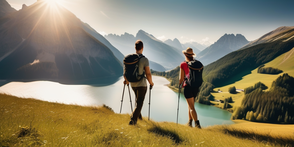 Ein Paar wandert in den österreichischen Alpen und genießt die Aussicht.