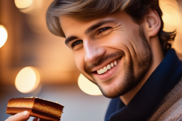 Ein junger Mann mit einem Lächeln und einer Sachertorte in der Hand.