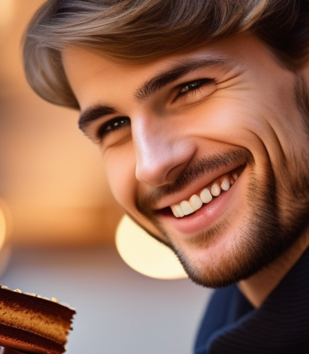 Ein junger Mann mit einem Lächeln und einer Sachertorte in der Hand.