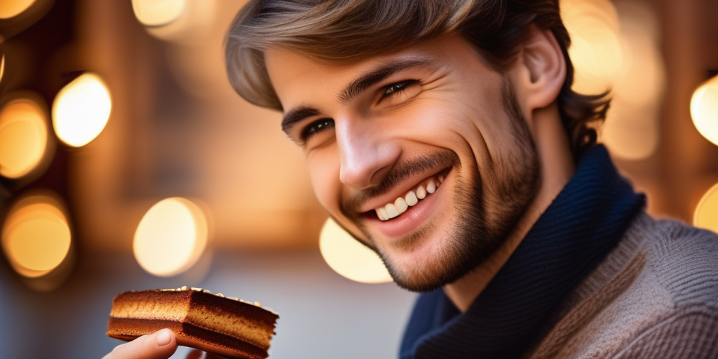 Ein junger Mann mit einem Lächeln und einer Sachertorte in der Hand.