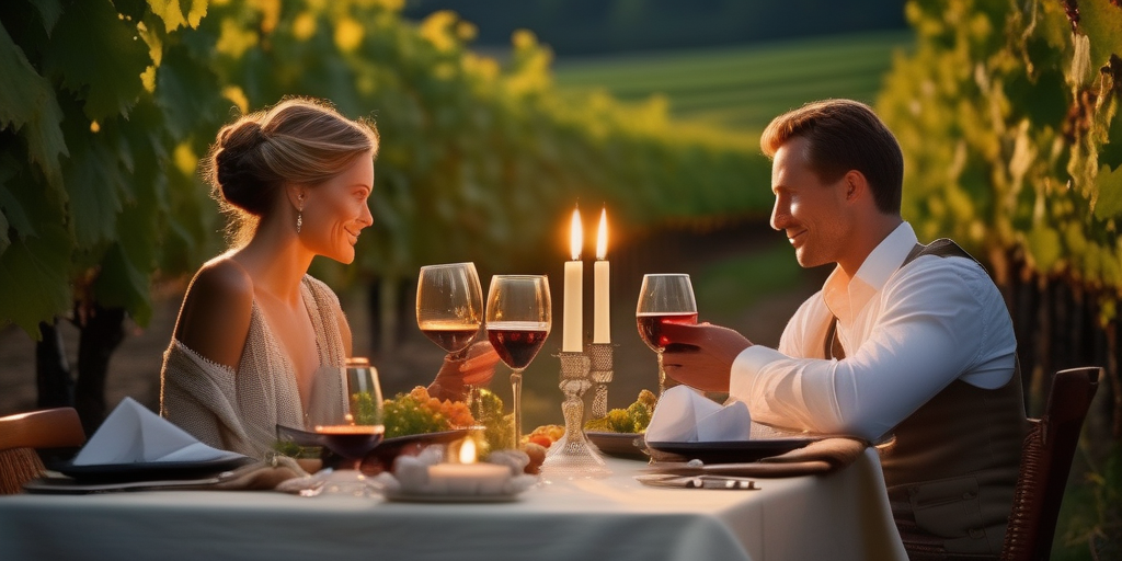 Ein romantisches Abendessen in einem Weinberg in Liechtenstein, Kerzenschein.