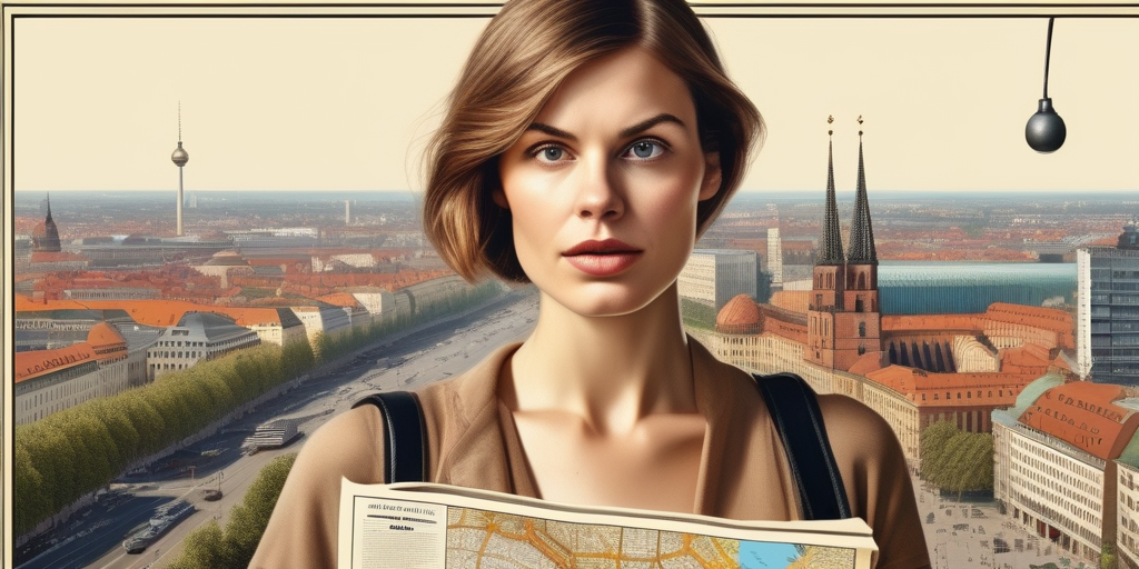 Eine junge Frau, verwirrt, mit einer Karte von Berlin