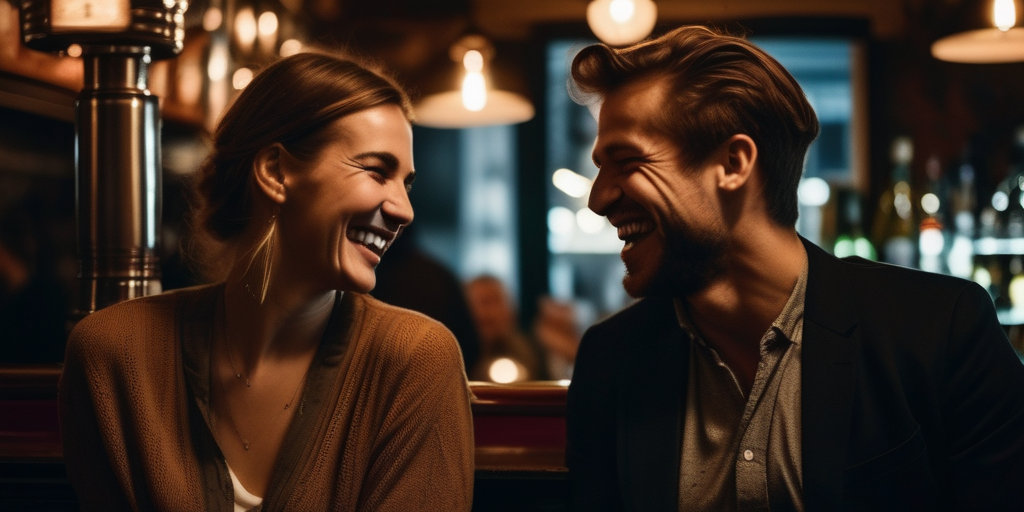 Zwei Personen lachen in einer Berliner Bar