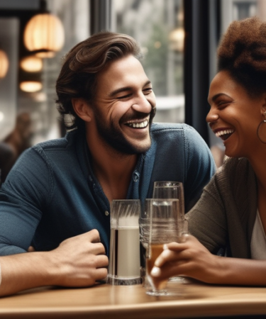 Eine Illustration einer vielfältigen Gruppe von Menschen, die in einem Café in Frankfurt lachen und miteinander interagieren.