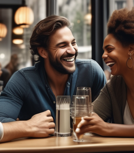 Eine Illustration einer vielfältigen Gruppe von Menschen, die in einem Café in Frankfurt lachen und miteinander interagieren.