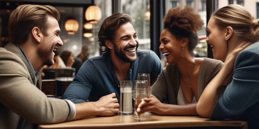 Eine Illustration einer vielfältigen Gruppe von Menschen, die in einem Café in Frankfurt lachen und miteinander interagieren.