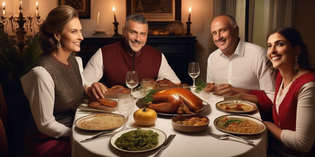 Ein geteiltes Bild: Eine Seite zeigt ein traditionelles deutsches Familienessen, die andere Seite zeigt ein traditionelles türkisches Familienessen.