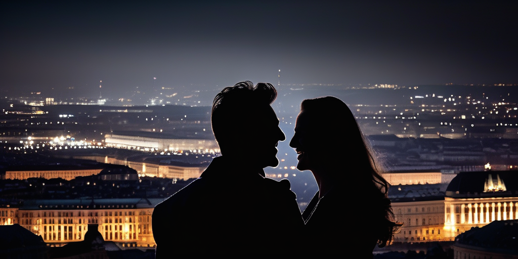 Silhouetten eines Mannes und einer Frau vor den Lichtern von Wien.
