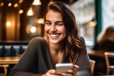 Eine junge Frau in Graz lächelt und schaut auf ihr Smartphone.