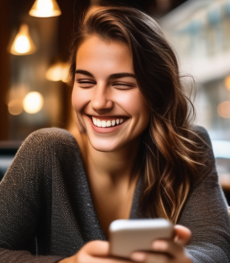 Eine junge Frau in Graz lächelt und schaut auf ihr Smartphone.