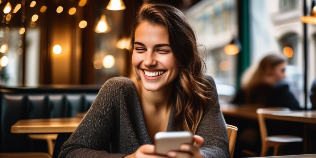 Eine junge Frau in Graz lächelt und schaut auf ihr Smartphone.